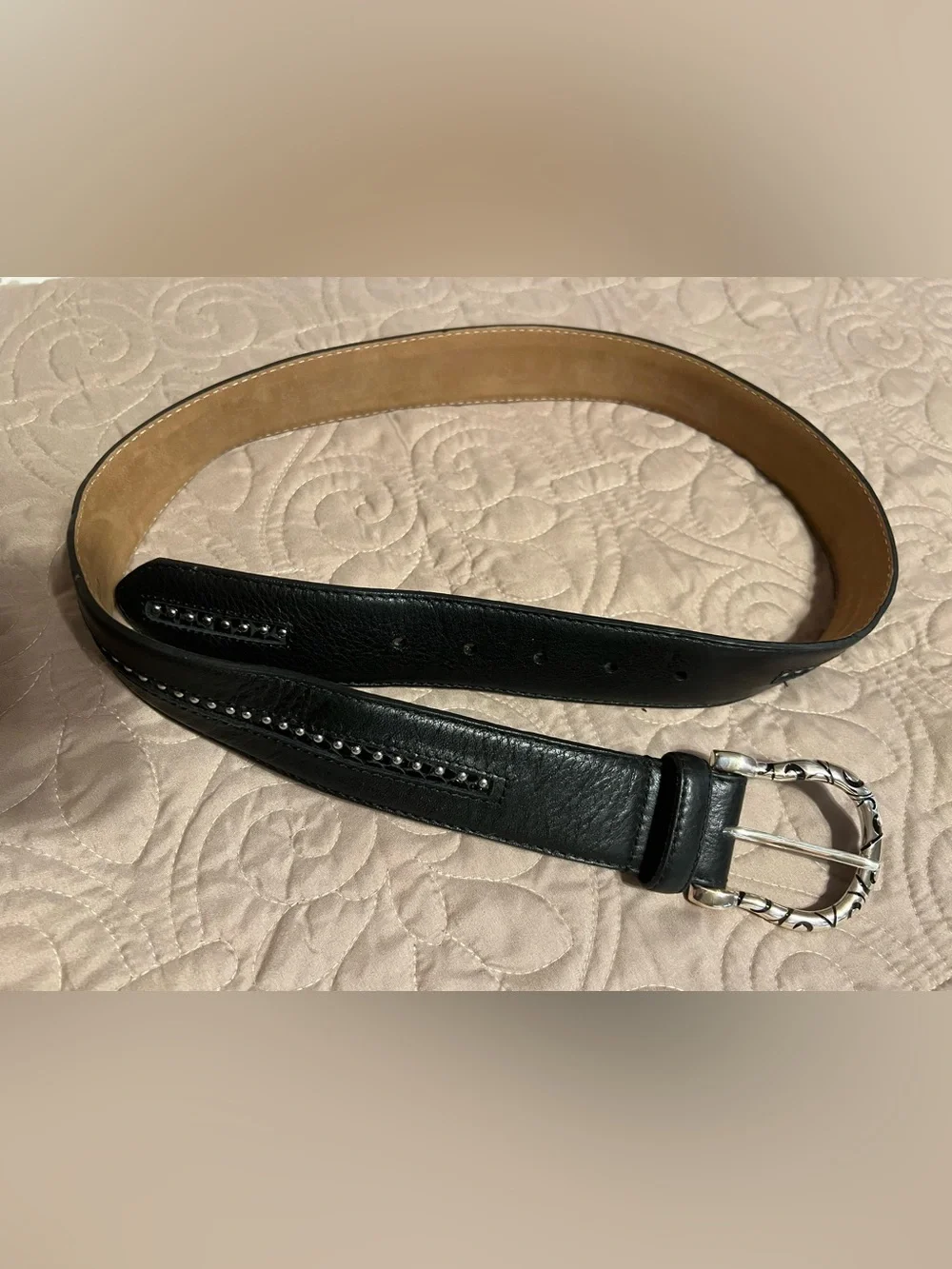 BRIGHTON MENS Black Leather Western style Belt Decorative Silver-Tone sz 34